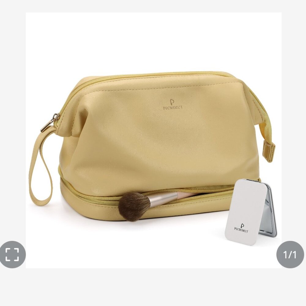 Pocmimut Leather Cosmetic Bag For Women 2-In-1 Portable Drawstring YELLOW